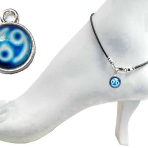 Black Leather Anklet ~  Cancer Zodiac Charm